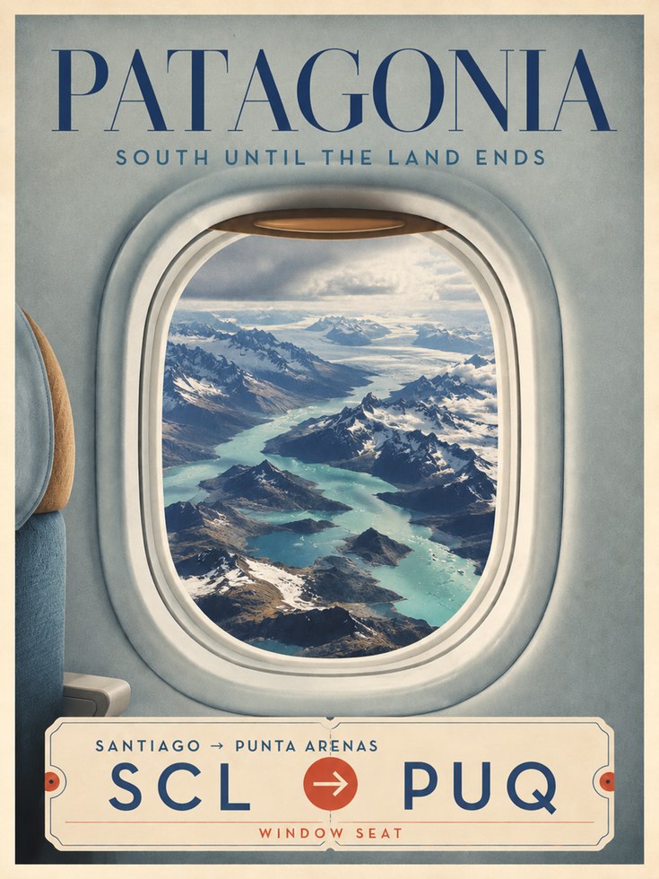 Patagonia Travel Poster – Airplane Window Print - artwork on paper