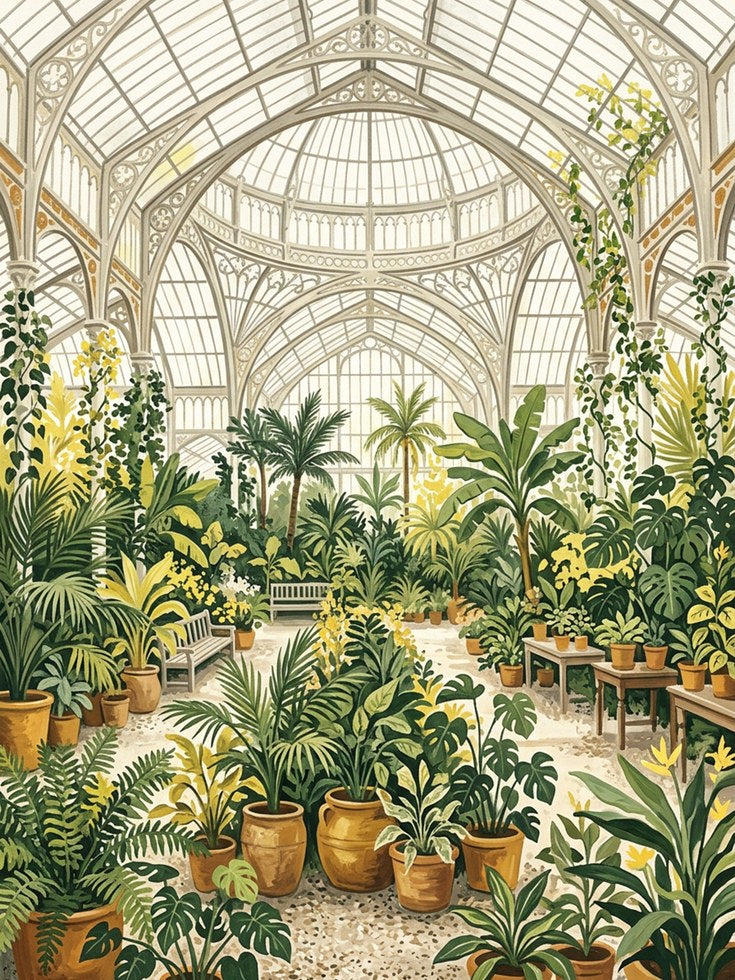 Victorian Conservatory Botanical Print: Green and Yellow Garden - artwork on paper