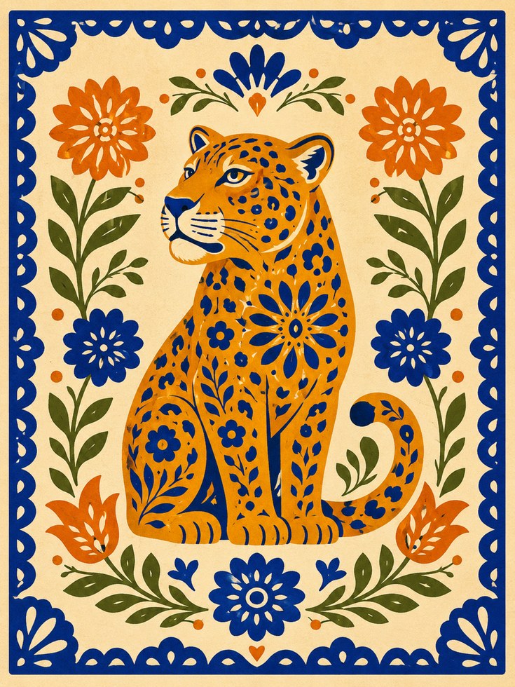 Folk Art Leopard Print – Floral Animal Wall Art - artwork on paper