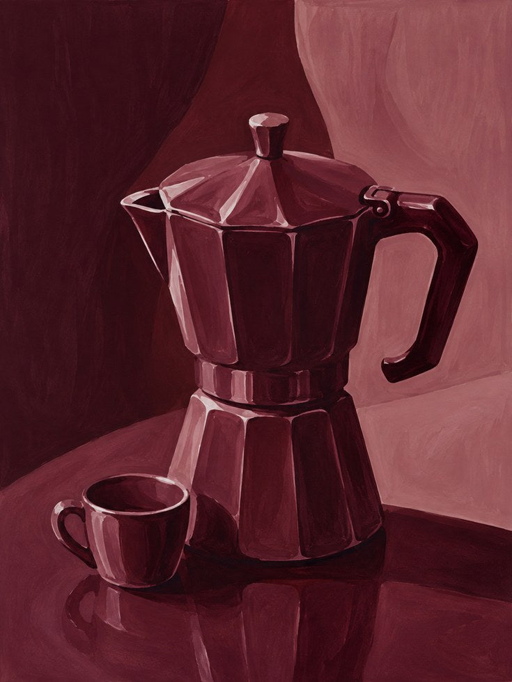 Moka Pot Still Life Art Print: Monochromatic Burgundy - artwork on paper