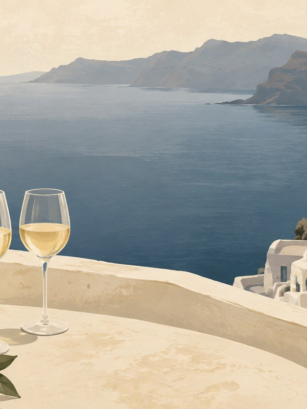 Mediterranean Wine Terrace Print: Minimalist Coastal Art - artwork on paper