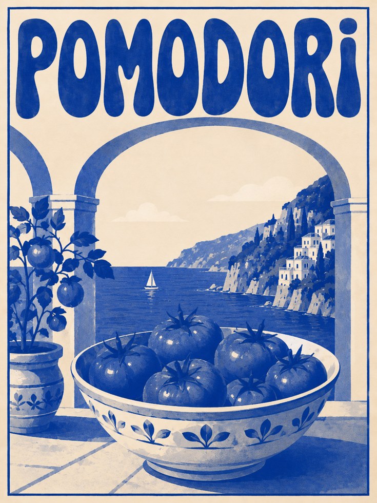 Pomodori Vintage Travel Poster: Italian Coastal Art in Blue & Cream - artwork on paper
