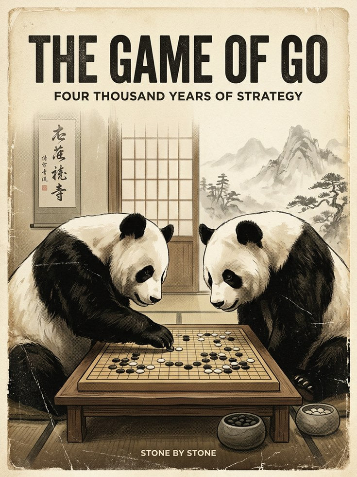 Pandas Playing Go Poster: Vintage Japanese Style Wall Art - artwork on paper
