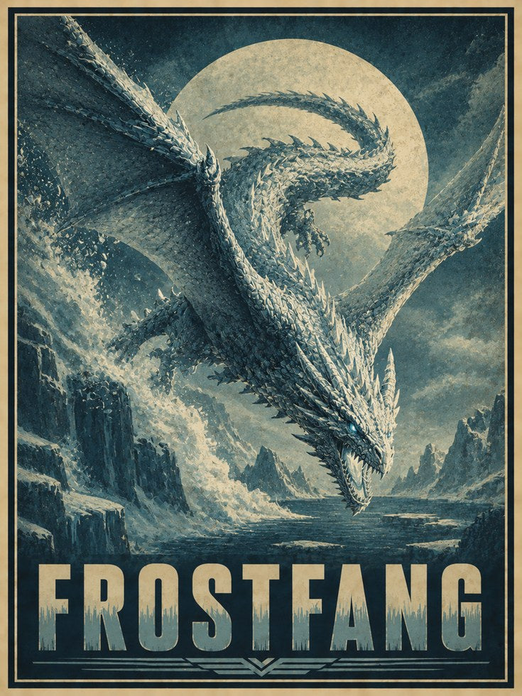 Frostfang Dragon Poster: Vintage Fantasy Art in Ice Blue - artwork on paper