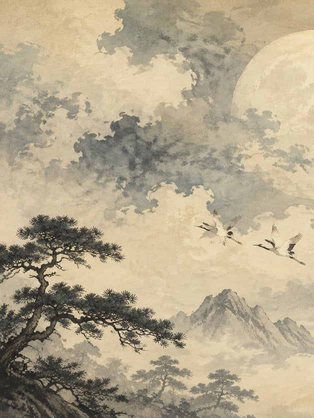Japanese Moonlit Landscape Art Print: Pine Trees and Cranes - artwork on paper