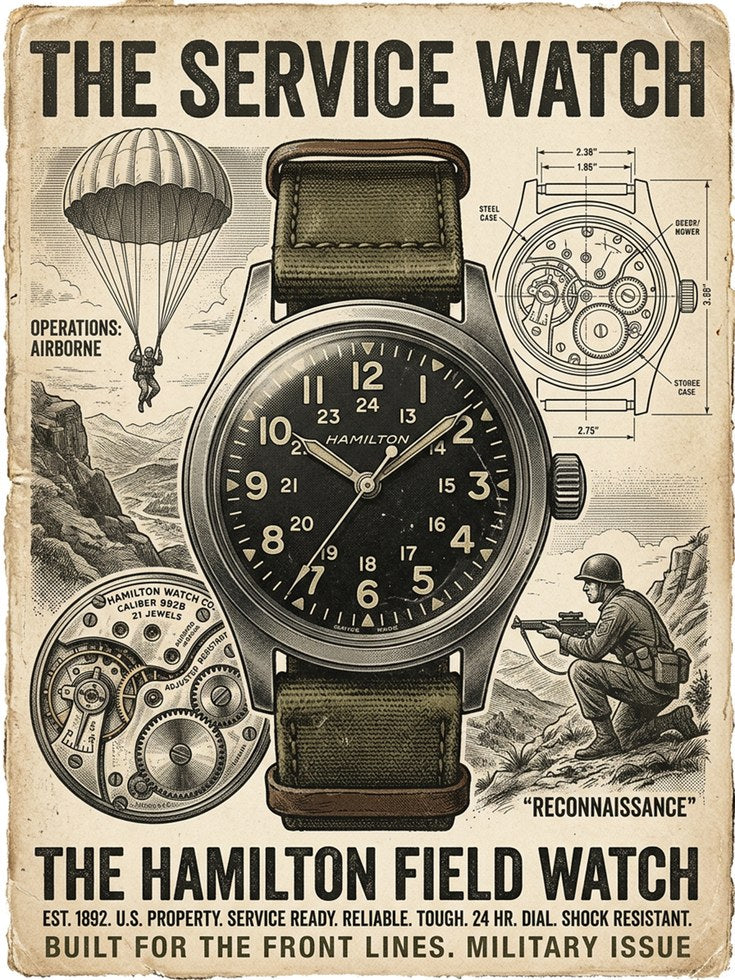 Vintage Military Watch Poster: Hamilton Field Watch Advertisement - artwork on paper