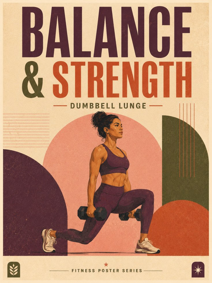 Balance And Strength Fitness Poster: Retro Dumbbell Lunge Art - artwork on paper