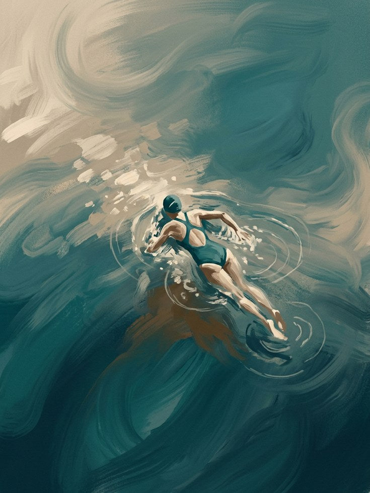 Swimmer in Teal Waters Art Print: Impressionist Aquatic Motion - artwork on paper