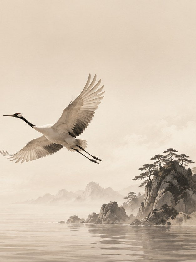 Flying Crane Over Misty Mountains: East Asian Ink Wash Art Print - artwork on paper