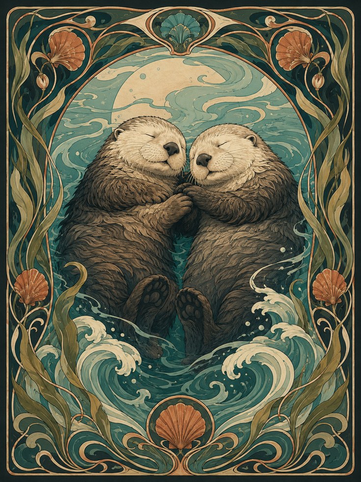 Sea Otter Art Nouveau Print — Vintage Ocean Romance - artwork on paper