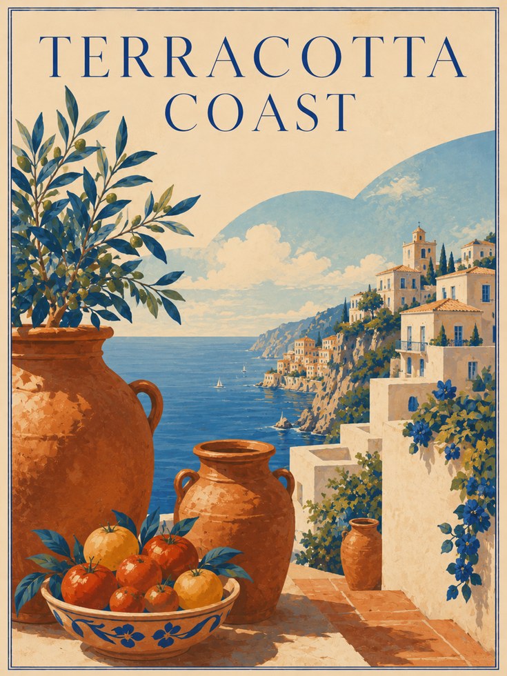 Italian Coastal Print: Vintage Travel Poster (Mediterranean Style) - artwork on paper