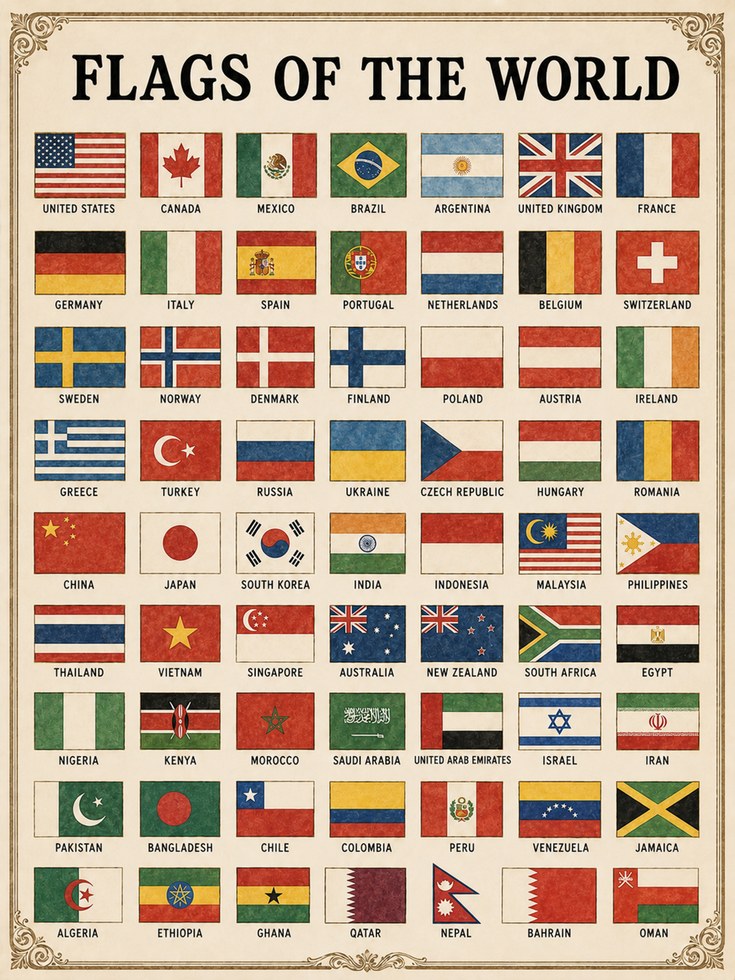 Flags of the World Chart: Vintage Educational Art Print - artwork on paper