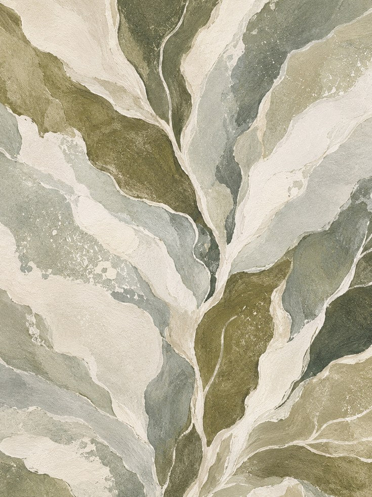 Abstract Marble Flow Wall Art: Olive Green and Cream Organic Forms - artwork on paper