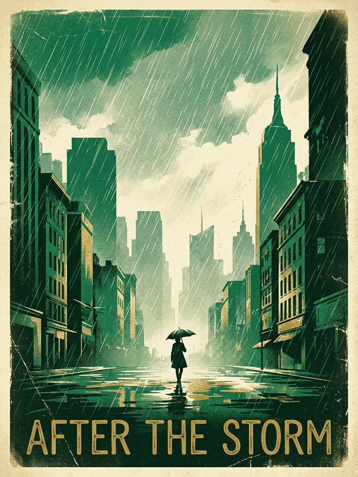 Vintage City Rain Print — Art Deco Storm Scene - artwork on paper