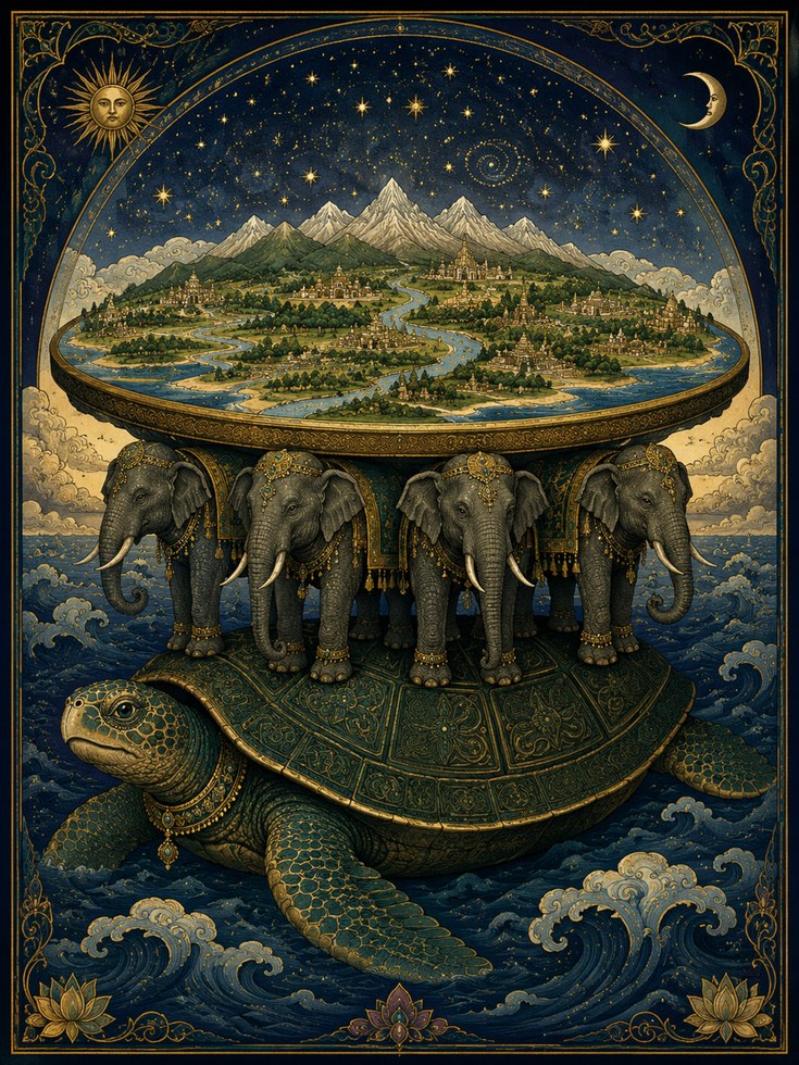 World Turtle Mythology Print: Flat Earth Design - artwork on paper