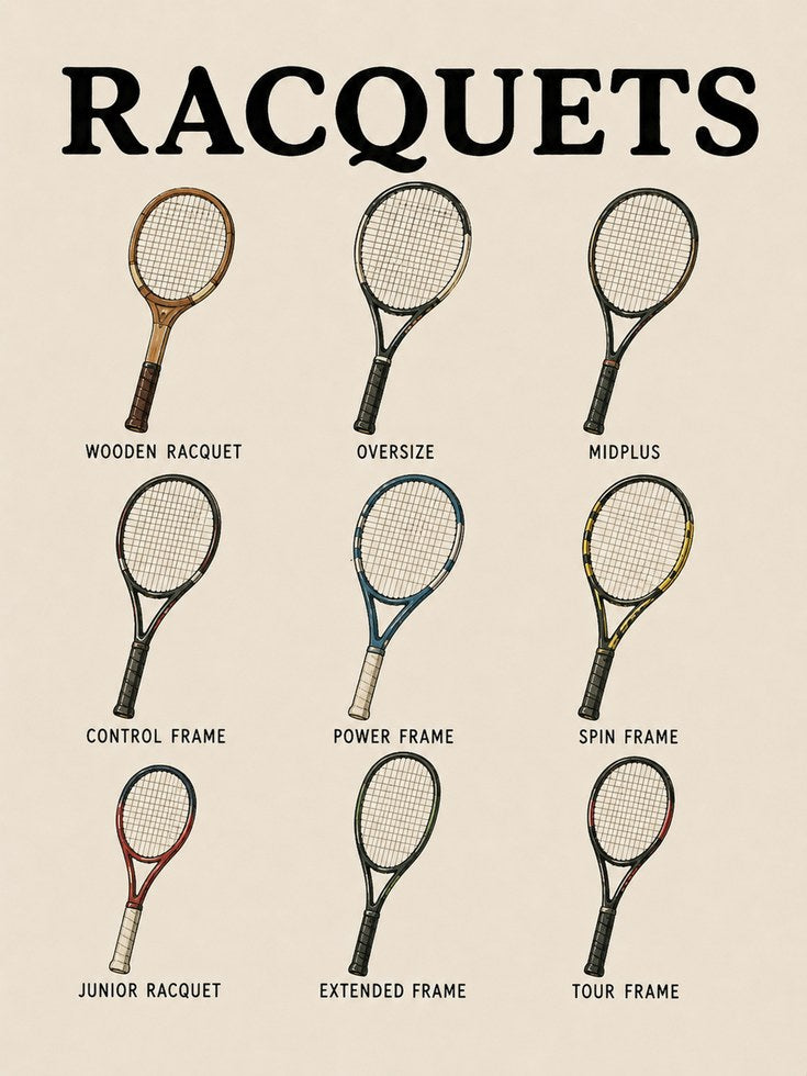 Tennis Racquet Types Print — Vintage Sports Illustration - artwork on paper