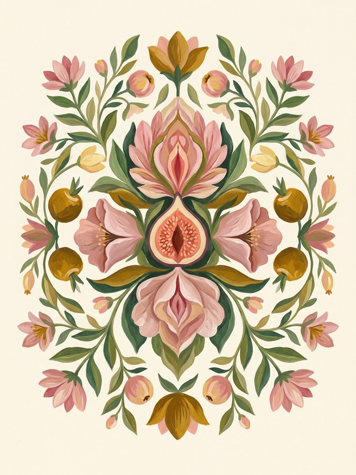 Folk Art Floral Print — Symmetrical Botanical Illustration - artwork on paper