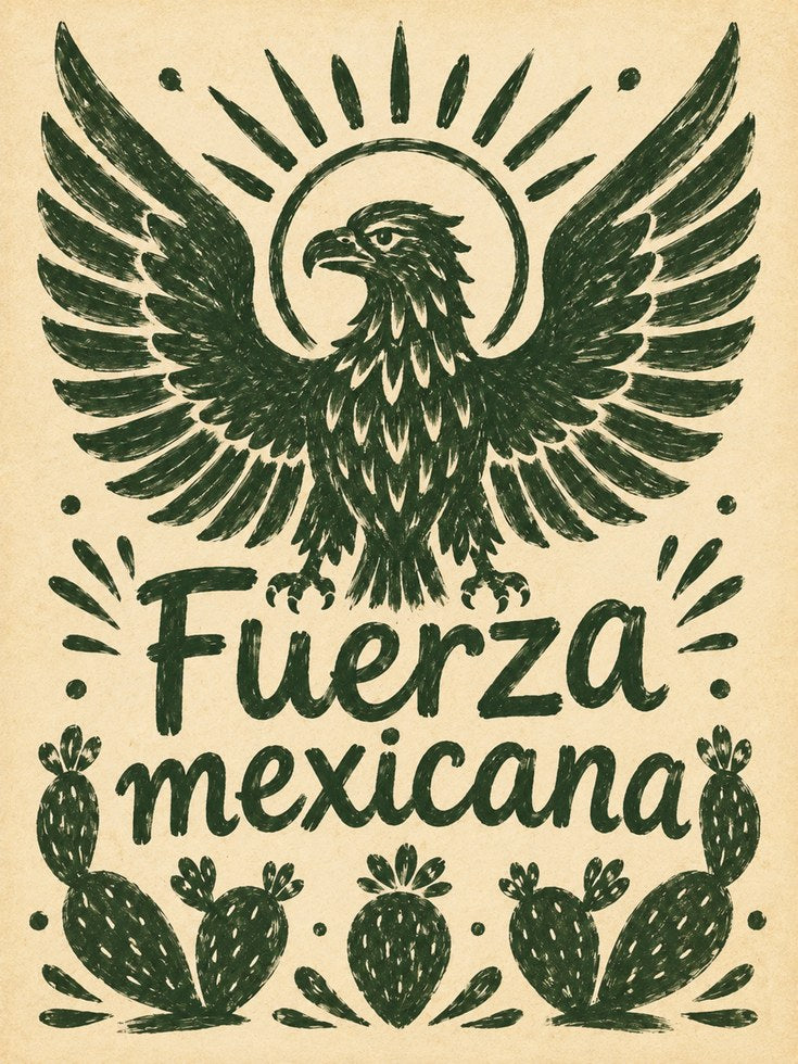 Mexican Eagle Poster: Vintage Folk Art Print with Cacti - artwork on paper