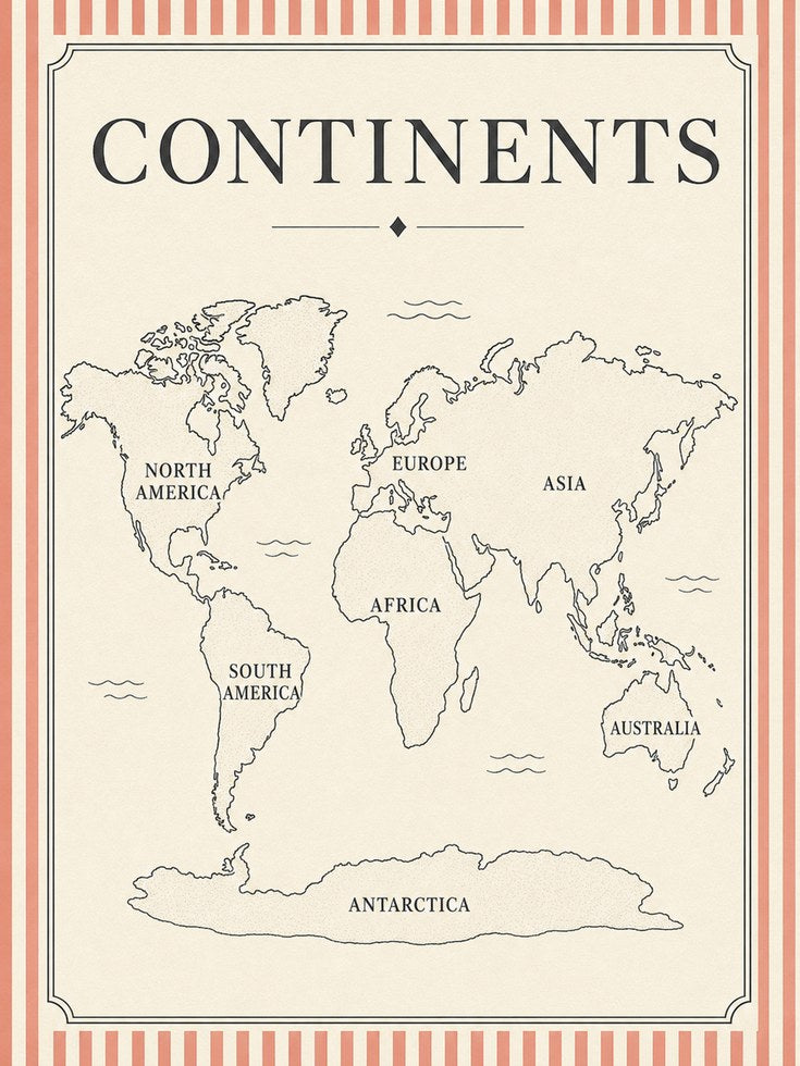 Continents World Map Print: Vintage Beige Educational Poster - artwork on paper