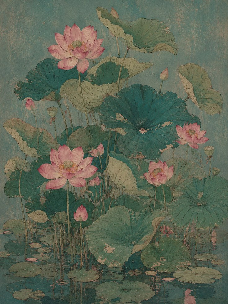 Pink Lotus Flowers Art Print: Vintage Asian Botanical Style - artwork on paper