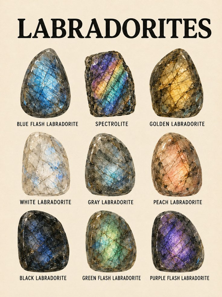 Labradorite Crystal Chart Print — Educational Gemstone Reference - artwork on paper