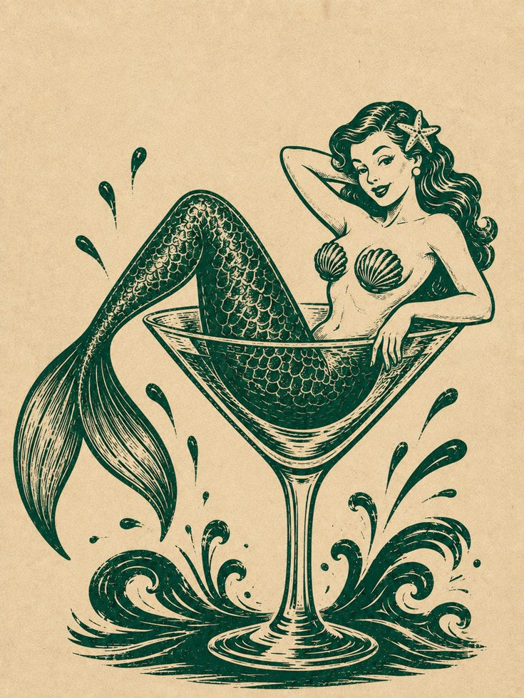 Mermaid Cocktail Print – Retro Bar Wall Art - artwork on paper