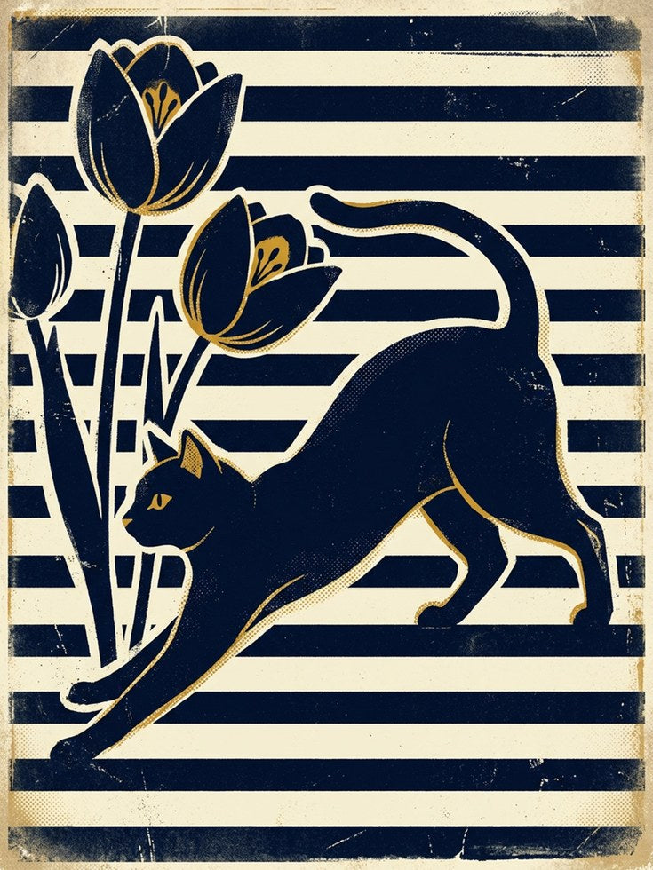 Art Deco Cat With Tulips: Navy and Gold Geometric Print - artwork on paper
