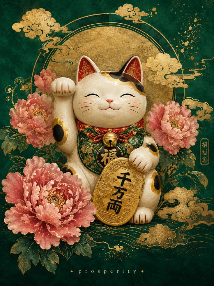 Lucky Cat Wall Art – Maneki Neko Print - artwork on paper