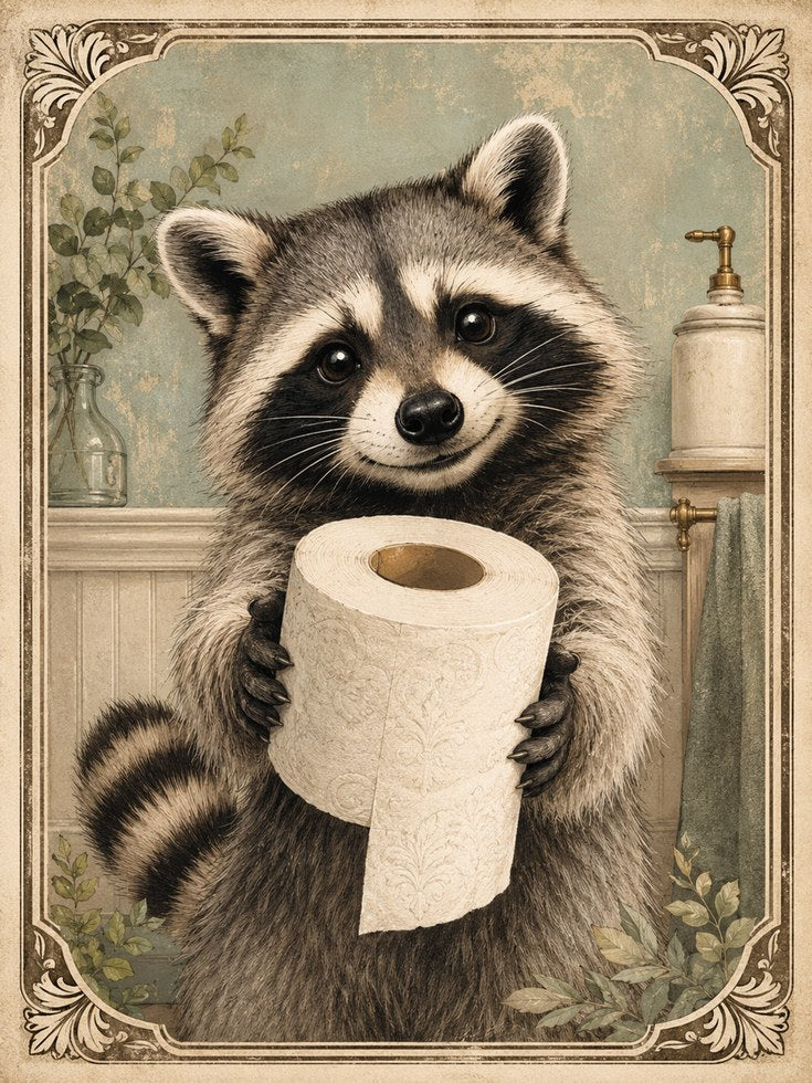 Raccoon Wall Art: Vintage Bathroom Animal - artwork on paper