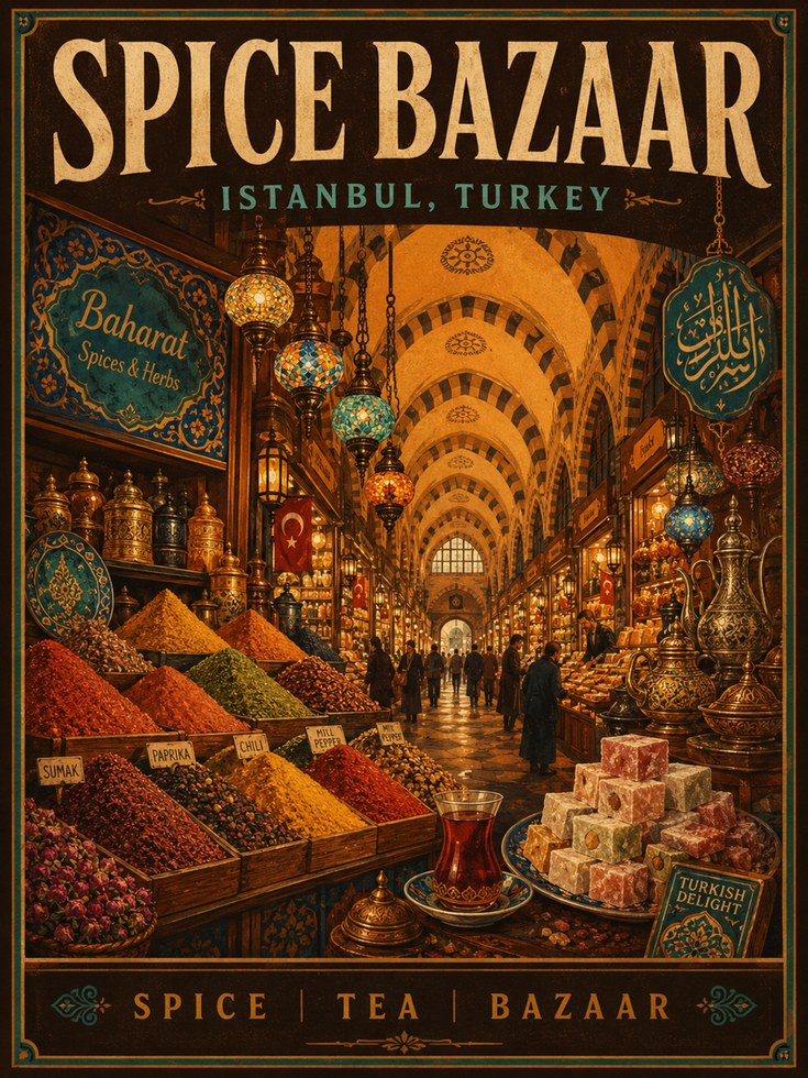 Spice Bazaar Vintage Travel Poster — Istanbul Turkey Market - artwork on paper