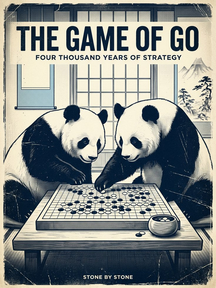 Pandas Playing Go Print: Vintage Japanese Style Board Game Art - artwork on paper