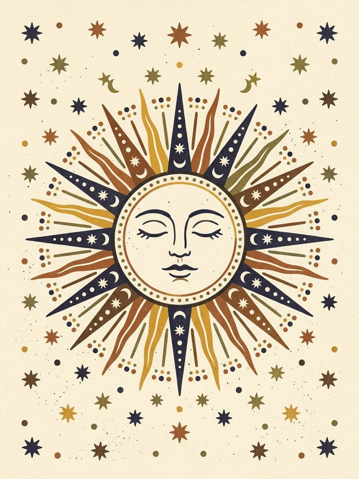 Celestial Sun Face Art Print: Folk Art Style in Earthy Tones - artwork on paper