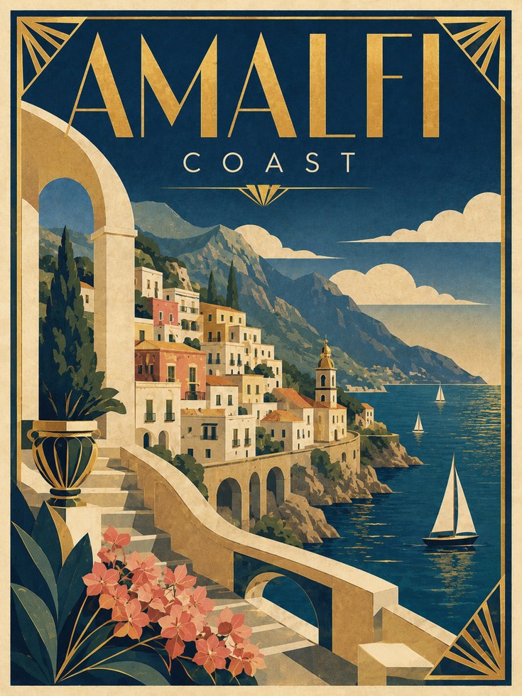 Vintage Travel Poster – Amalfi Coast Italy Print - artwork on paper
