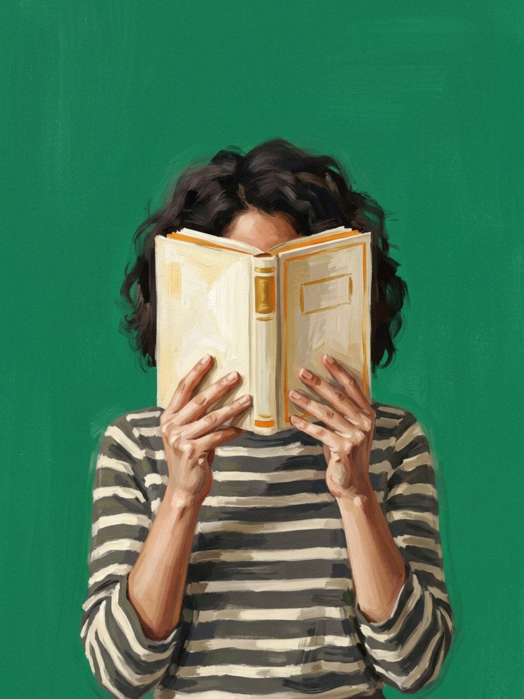 Book Reader Portrait: Contemporary Green Background Wall Art - artwork on paper