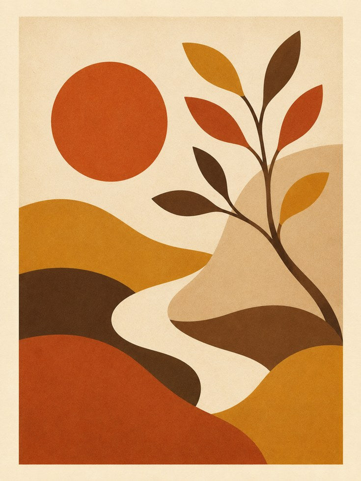 Mid-Century Modern Botanical Landscape: Retro Earth Tones Print - artwork on paper