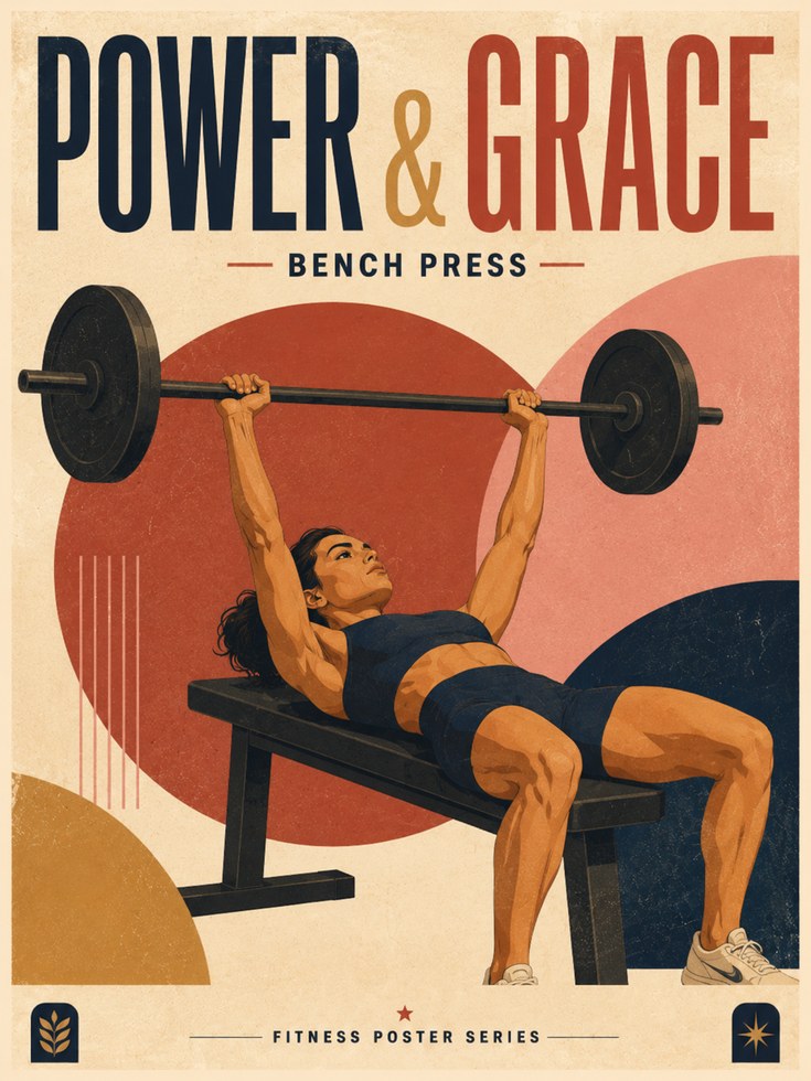 Power and Grace Bench Press Poster: Retro Fitness Art Print - artwork on paper