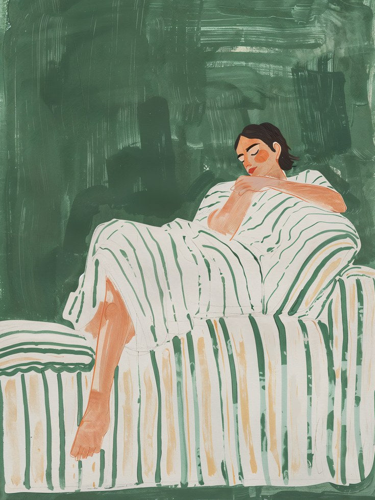 Resting Woman Art Print: Modern Green Striped Poster (Various Sizes) - artwork on paper