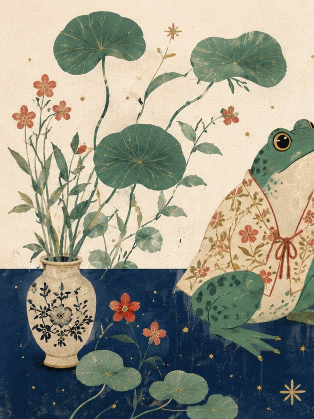 Botanical Frog Art Print: Vintage Japanese Floral Illustration - artwork on paper