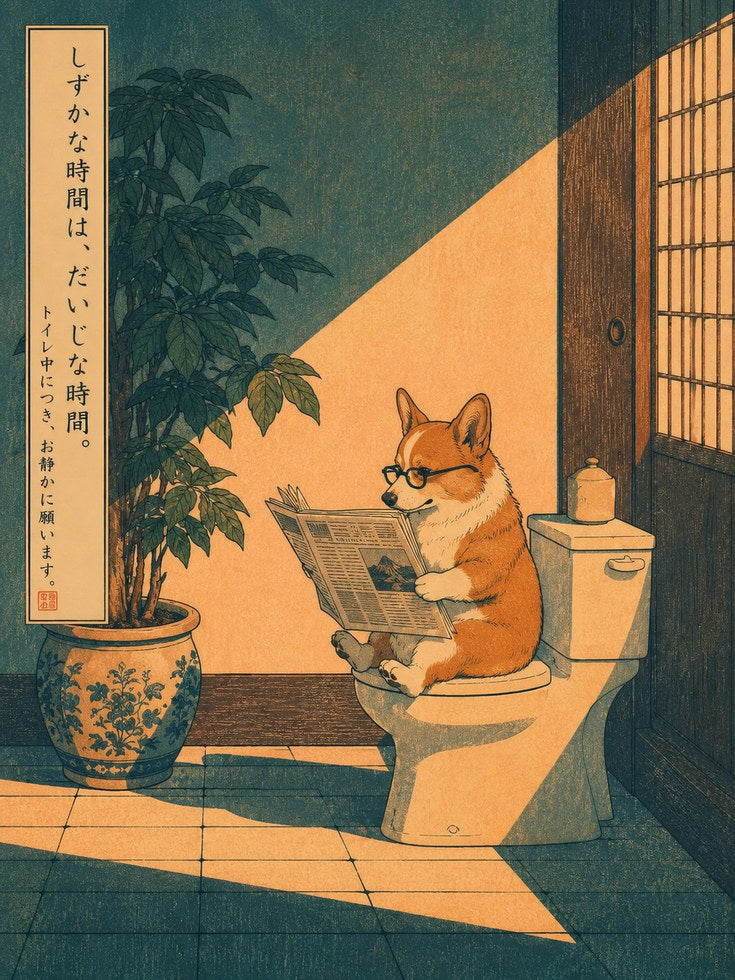 Japanese Corgi Reading Newspaper Print - artwork on paper