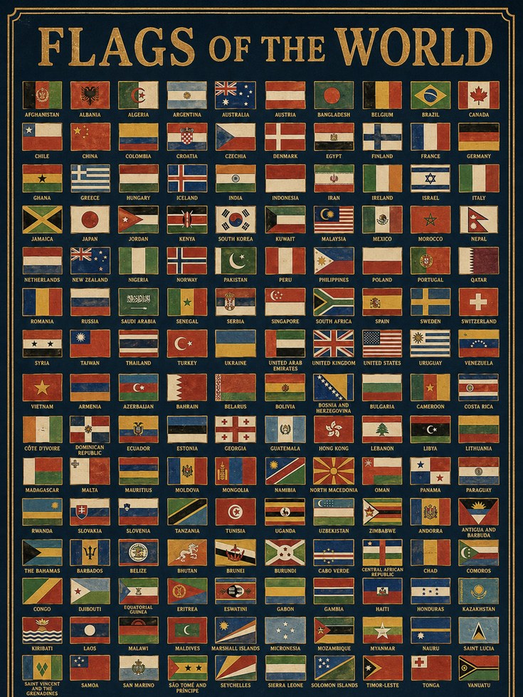 Flags of the World Chart: Vintage Educational Reference Poster - artwork on paper