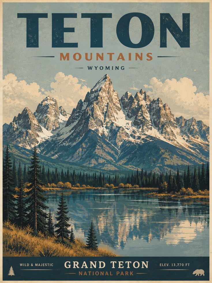 Grand Teton Poster – Vintage National Park Print - artwork on paper