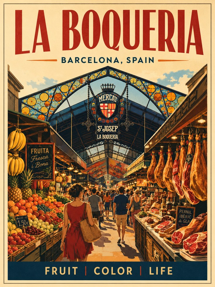 La Boqueria Barcelona Vintage Travel Poster — Retro Spanish Market Art - artwork on paper