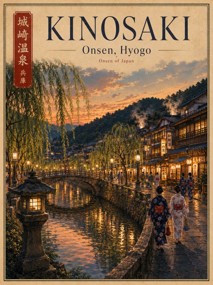 Kinosaki Onsen Evening Art Print: Japanese Hot Spring Town Sunset - artwork on paper