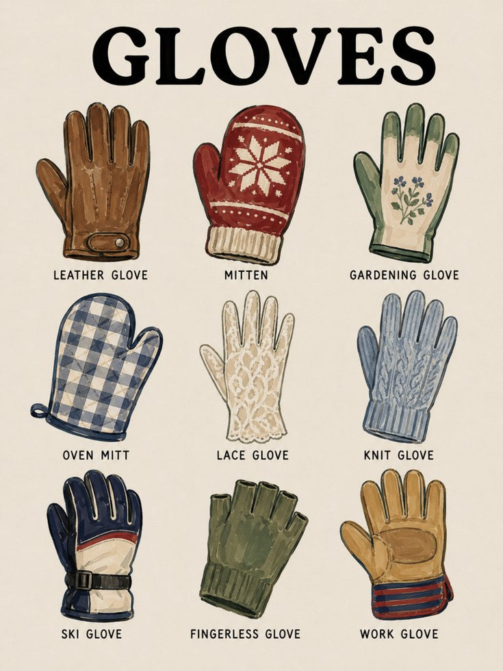 Types of Gloves Poster – Educational Wall Art - artwork on paper