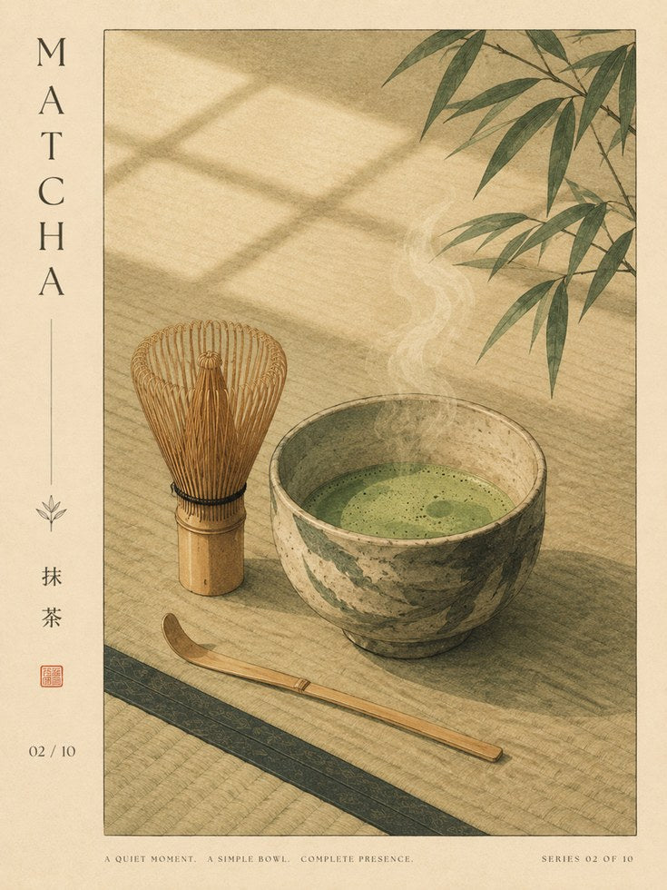 Japanese Tea Ceremony Print: Matcha Bowl and Bamboo Whisk - artwork on paper