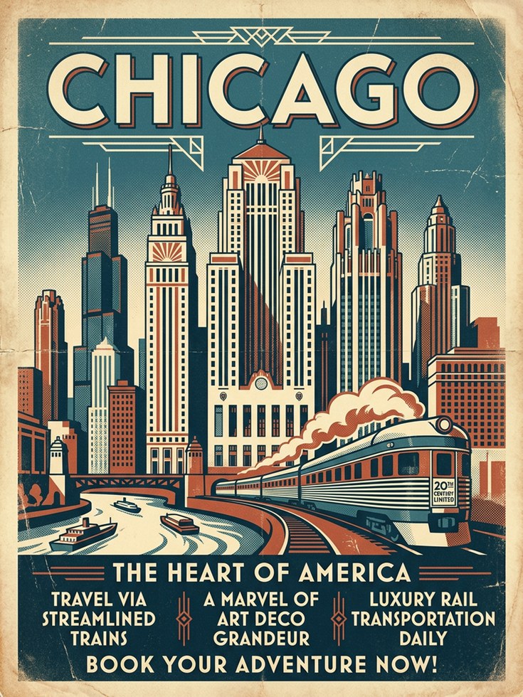Chicago Art Deco Travel Poster — Vintage Railway Print - artwork on paper