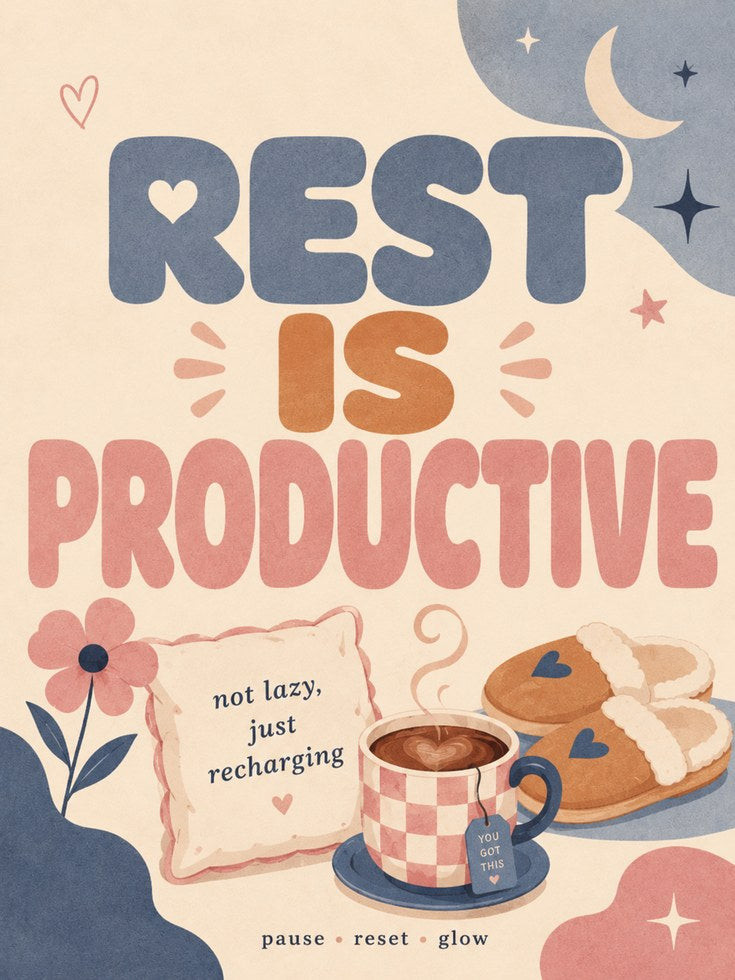 Rest is Productive Print: Cozy Self-Care Wall Art for Bedroom - artwork on paper