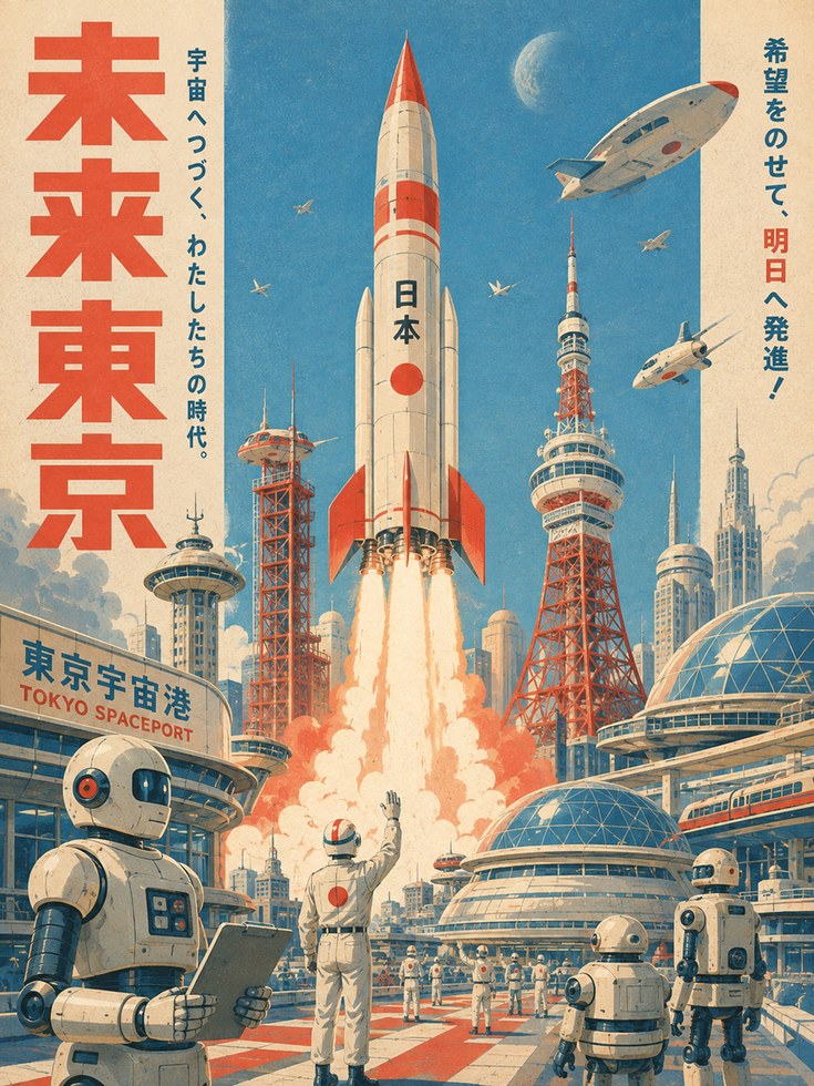 Retro Space Poster – Tokyo Spaceport Wall Art - artwork on paper