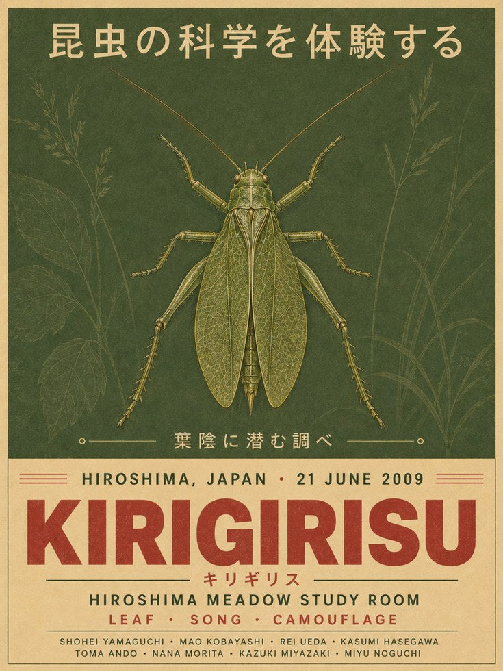 Japanese Grasshopper Vintage Poster: Green Insect Art Print - artwork on paper