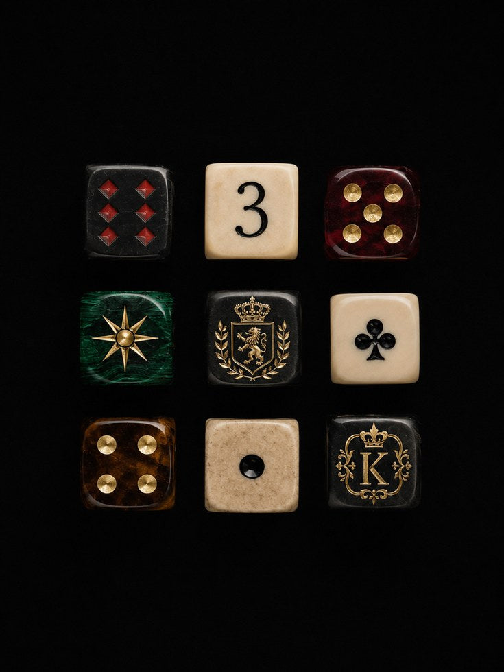 Luxury Dice Collection Print: Gold and Heraldic Gaming Art - artwork on paper